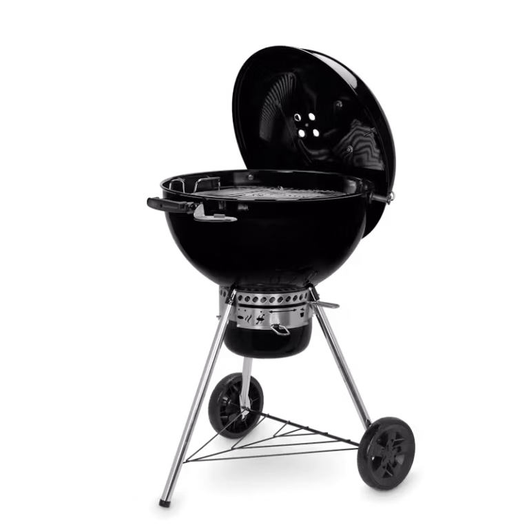 Weber Master-Touch GBS 57cm charcoal kettle barbecue with lid open showing the porcelain-enamel cooking interior