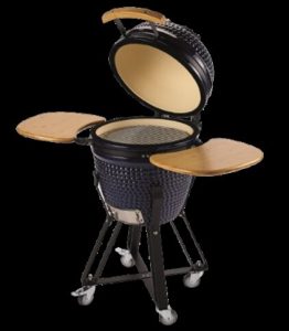 Aldi Kamado BBQ, a dark blue ceramic kamado with wooden side tables, on a wheeled stand, in Aldi's product photo