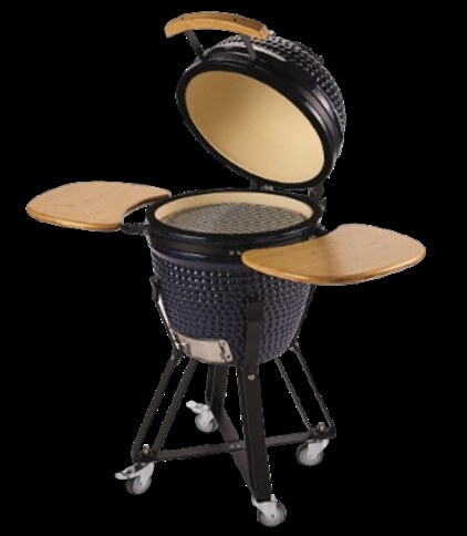 Aldi Kamado Egg BBQ — green-glazed ceramic kamado with wooden side shelves on a black wheeled cart, May 2026 product imagery
