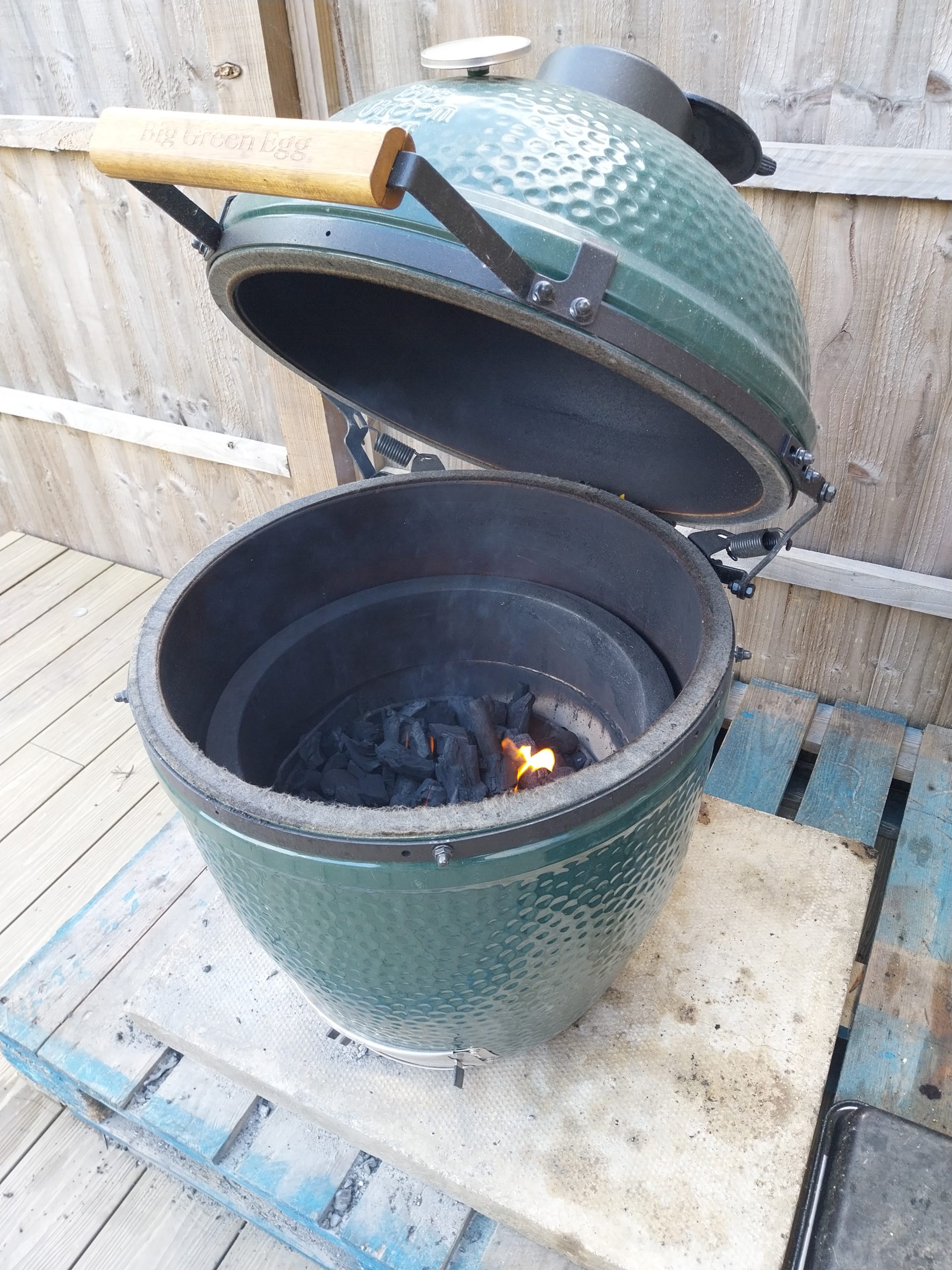 Felt gasket on the BGE Large's lid rim seam, lid open, lit charcoal and ConvEGGtor deflector visible inside — original condition after twenty cooks