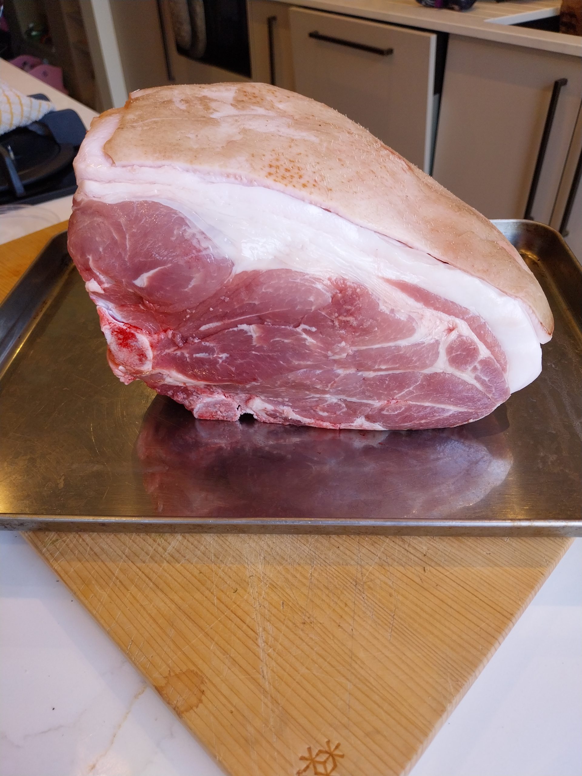 3.3 kg bone-in pork shoulder from Graham Turner Family Butchers, trimmed and seasoned with SPG rub (salt, pepper, garlic granules) before going on the BGE Large kamado for the 14 June 2026 cook two.