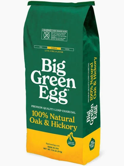Big Green Egg Premium 100% Natural Oak & Hickory Lump Charcoal in the branded 8kg bag.