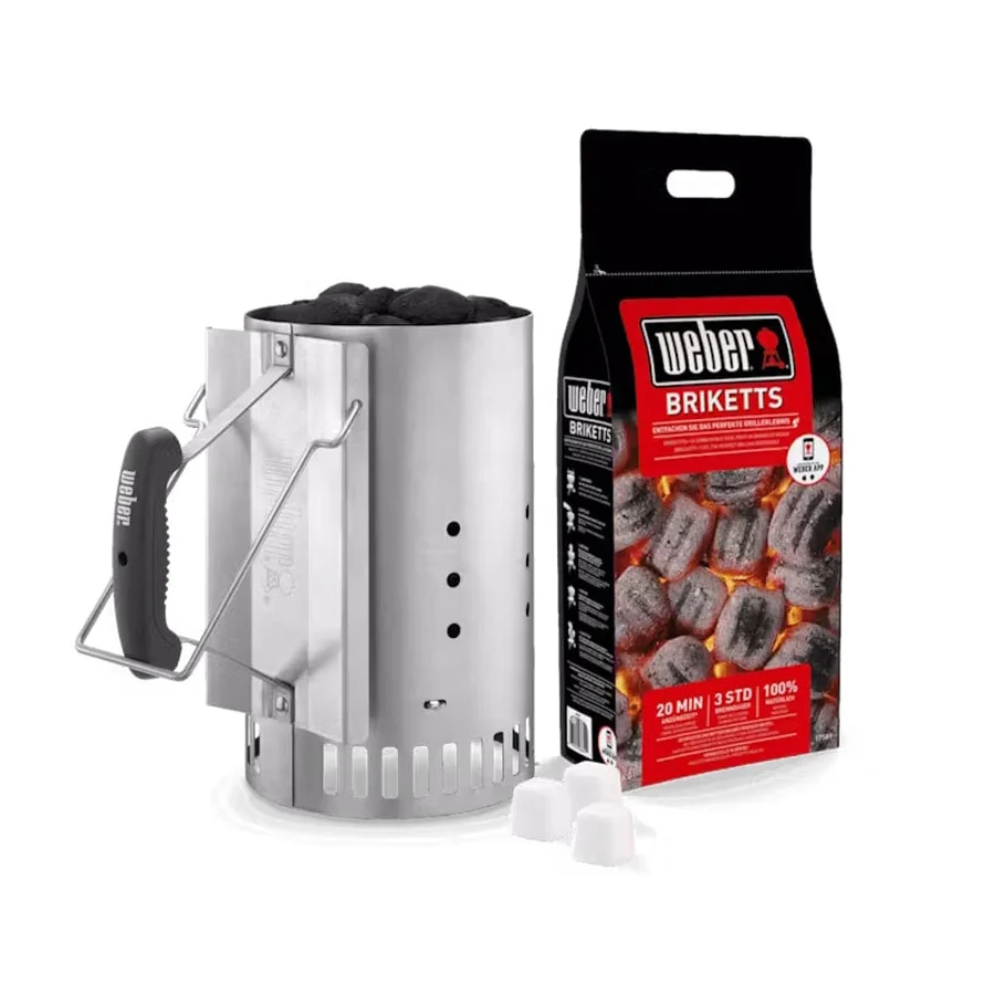 Weber Rapidfire Set — chimney starter with briquettes and firelighter cubes