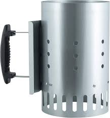 Woodside chimney starter, plain galvanised steel with a black moulded handle and wire shield, slotted base vents and a row of small holes up the side