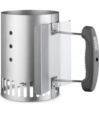 Weber Rapidfire Compact chimney starter, empty — galvanised steel with a black moulded handle, wire heat shield and slotted vents around the base