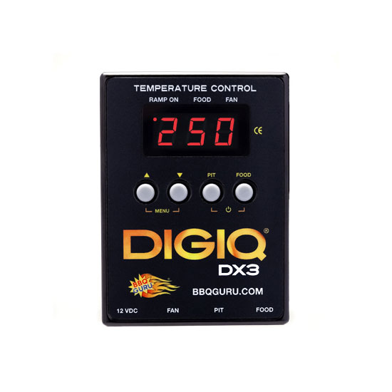BBQ Guru DigiQ DX3: the control unit face-on, red LED temperature readout above four buttons.