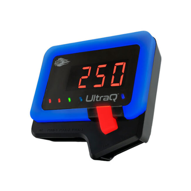 BBQ Guru UltraQ: the blue-bezelled controller three-quarter on, red LED readout above a row of indicator lights, with the red damper flap at its base.