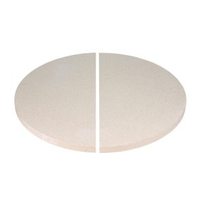 Ceramic Grill Store 16-inch half-moon ceramic deflectors — two cream ceramic half-moons laid flat side by side to form a circle with a narrow gap down the middle, speckled surface