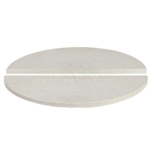 Kamado Joe Classic half-moon ceramic heat deflector plates — two pale ceramic half-moon plates shown edge-on, one behind the other, HEAT DEFLECTOR embossed along the lower plate