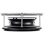 Kamado Joe Classic Slo-Roller — a black spiral heat diffuser with curved vanes, sitting beneath a stainless steel cooking grate, photographed side-on