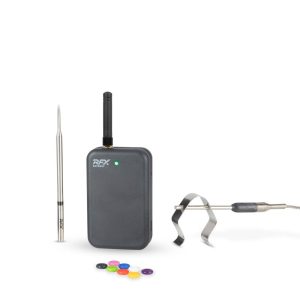ThermoWorks RFX Starter Kit — the wireless probe, the gateway with its aerial up and a green light lit, a clip-on ambient probe, and a scatter of small coloured caps, on white. Image: ThermoWorks.