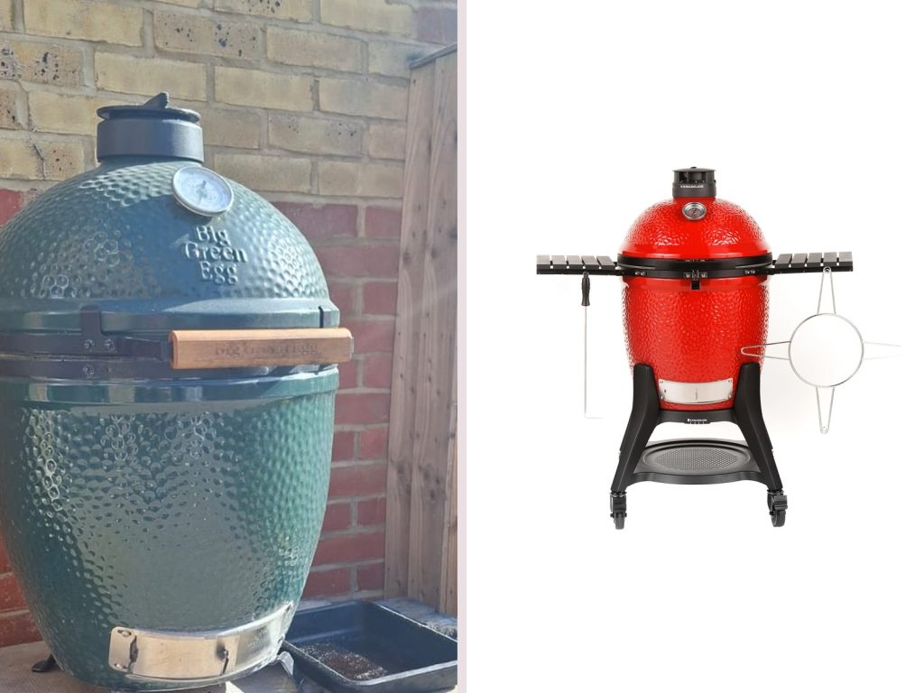 A Big Green Egg Large on a paving slab against a brick wall, beside a red Kamado Joe Classic III on its black cart with side shelves.