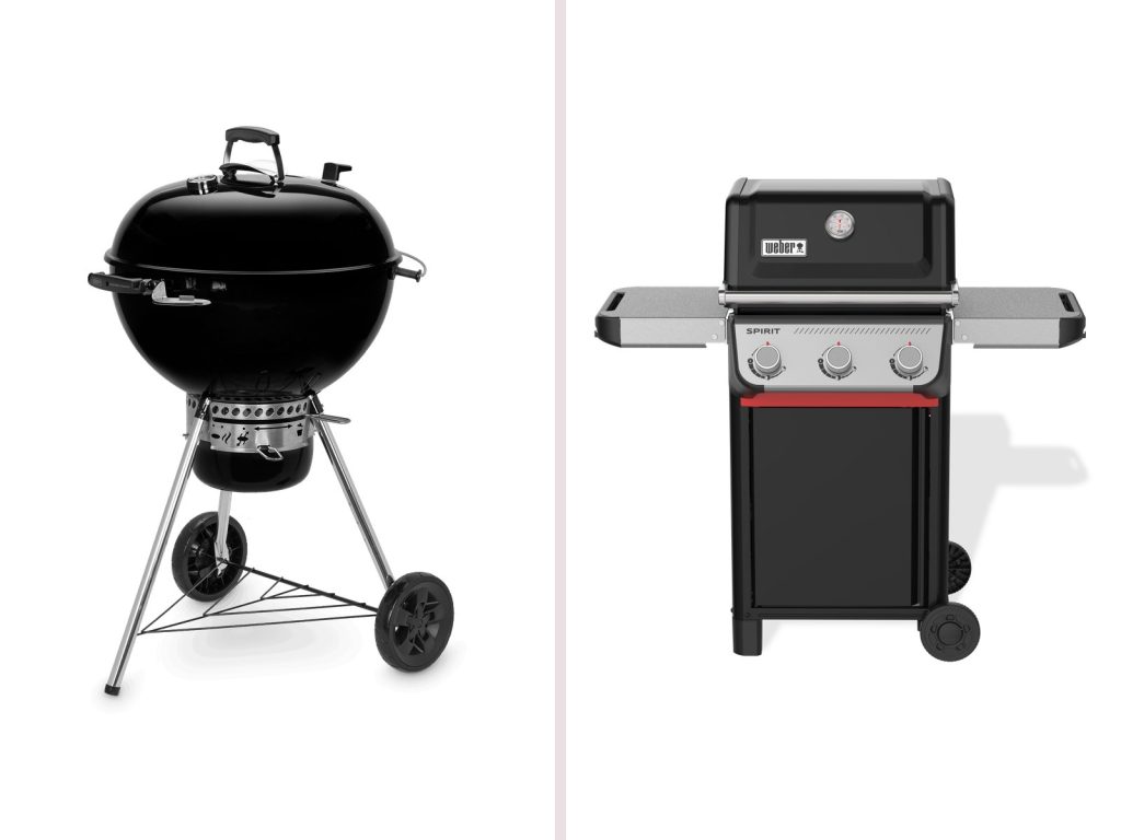 A black Weber Master-Touch charcoal kettle beside a black Weber Spirit E-315 gas BBQ with three control knobs and two side tables.