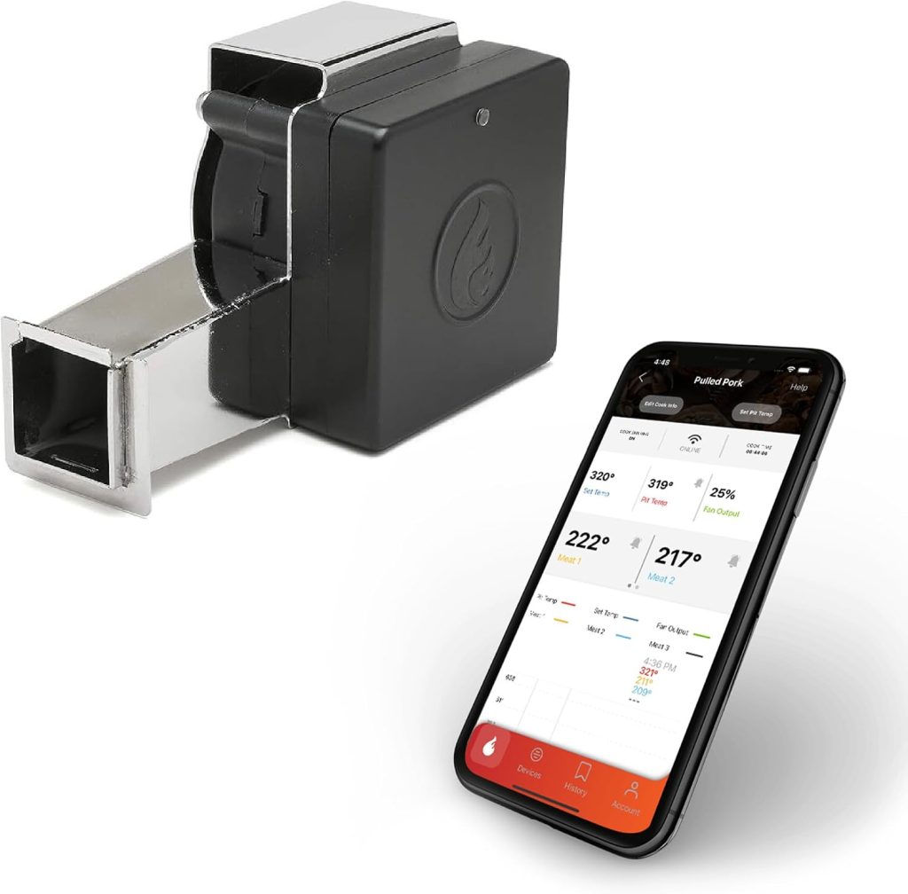 The Flame Boss 400 kamado kit: a black box with a flame logo on a short silver duct, beside a phone showing temperatures in an app.