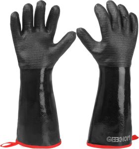 A pair of long black neoprene gloves with red loops at the cuffs, on a white background. Image: Amazon UK.