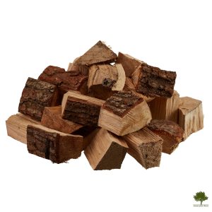 A pile of oak smoking chunks with the bark on, on a white background. Image: Gwernyfed Wood.