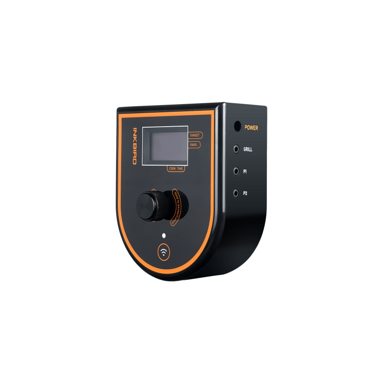 The Inkbird ISC-007BW controller: a black unit with an orange outline, a small screen, a dial, and sockets marked Grill, P1 and P2.