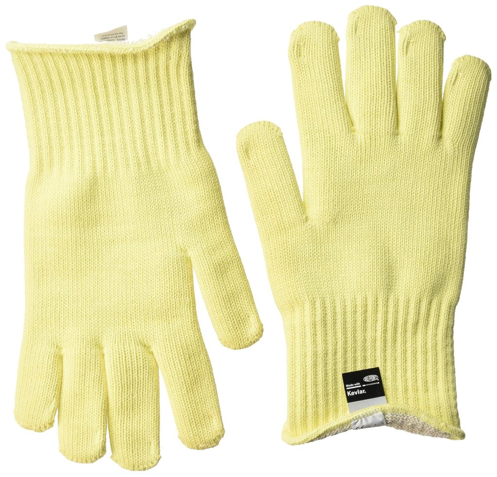 A pair of yellow knitted Kevlar Polyco Volcano gloves, front and back, on a white background. Image: Amazon UK.