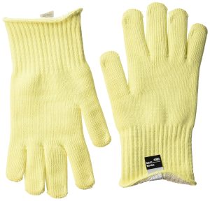 A pair of yellow knitted Kevlar Polyco Volcano gloves, front and back, on a white background. Image: Amazon UK.