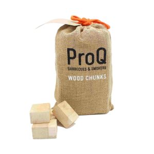 A ProQ hessian bag of wood chunks with a few chunks beside it, on a white background. Image: Sous Chef.