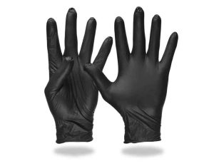 A pair of black disposable nitrile gloves on a white background. Image: ProSmoke.