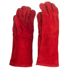 A pair of red leather welding gauntlets with dark stitching, on a white background. Image: Screwfix.