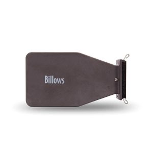 The ThermoWorks Billows fan side on: a grey box marked Billows that narrows to a flat black end with a wire clip at each corner.