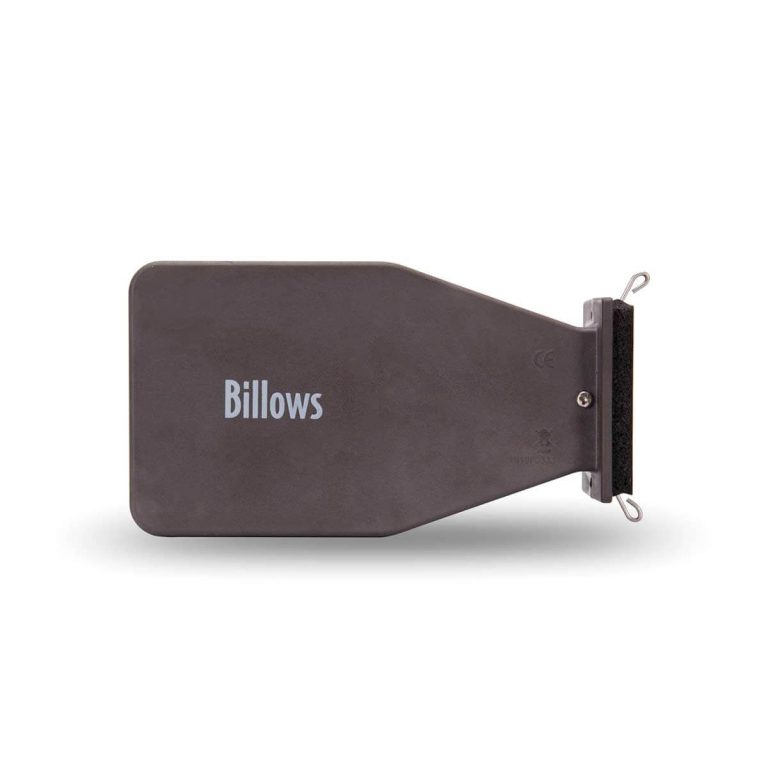 The ThermoWorks Billows fan side on: a grey box marked Billows that narrows to a flat black end with a wire clip at each corner.