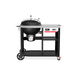 Weber Performer Premium Smart 57cm kettle on its cart with a side table, on a white background.