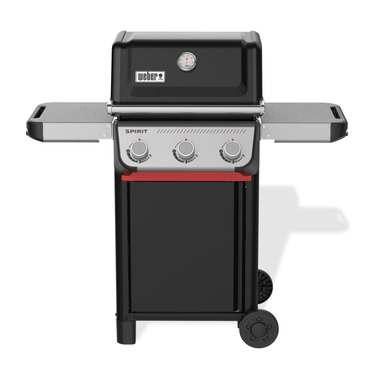 The Weber Spirit E-315 gas BBQ from the front: a black lid with a thermometer, three control knobs, two side tables and a cart on wheels.